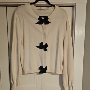 LOFT Cream Cardigan with Black Bow Details
